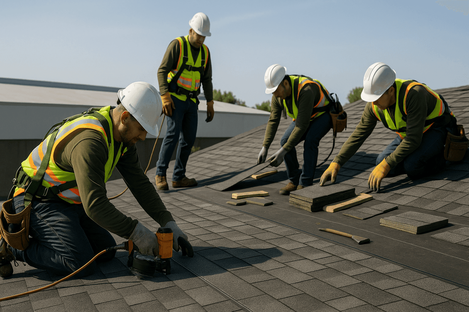 Roofing crew installing new shingles on large building under clear sky