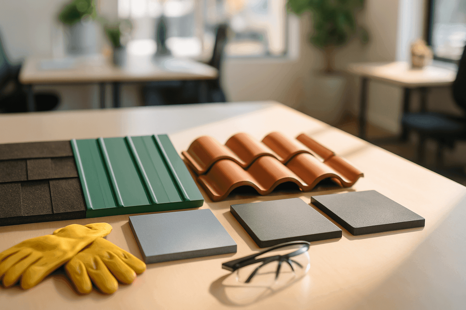 Samples of shingles, metal, tile, and flat roofing materials on table