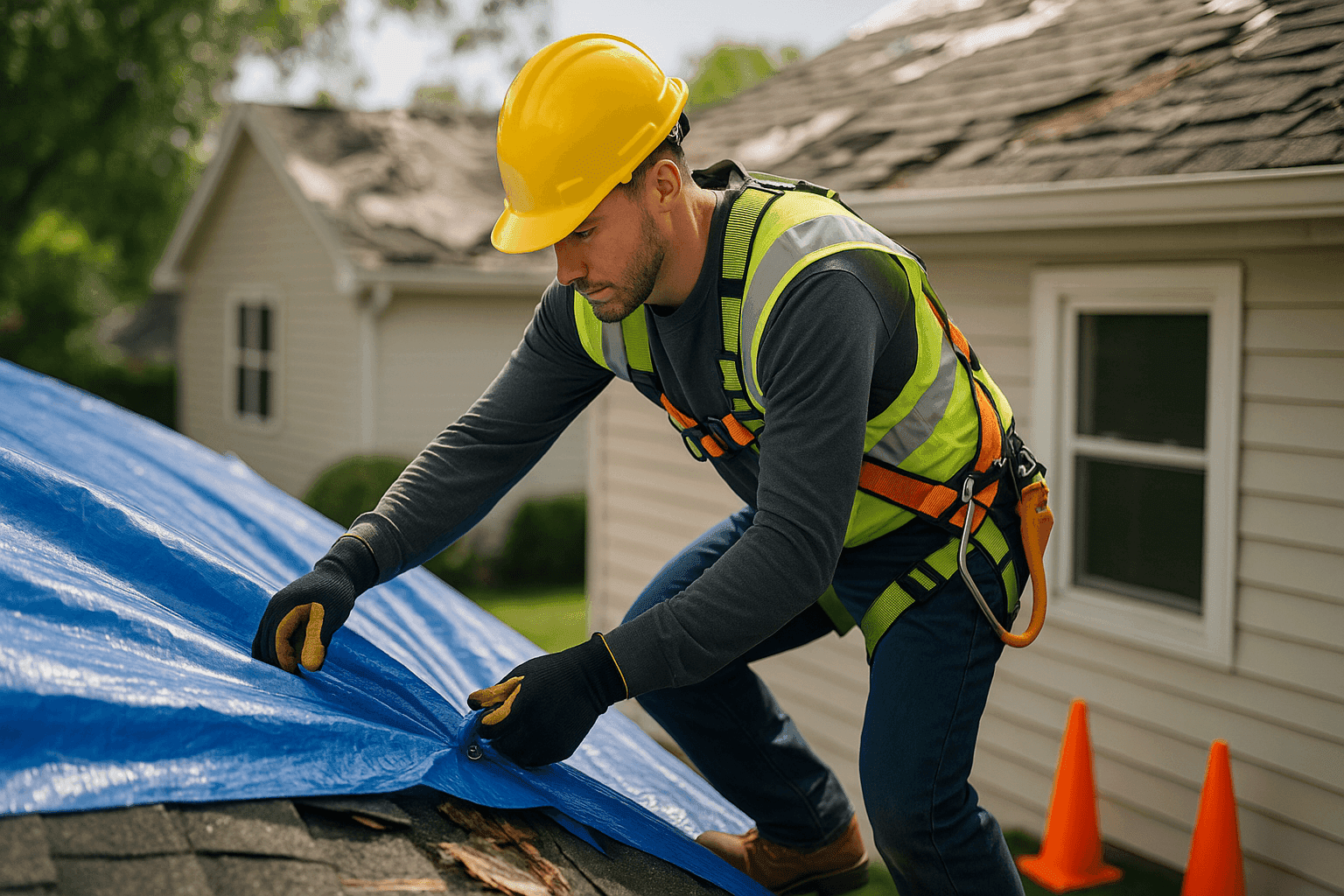 Roofer applying emergency tarp to storm-damaged roof