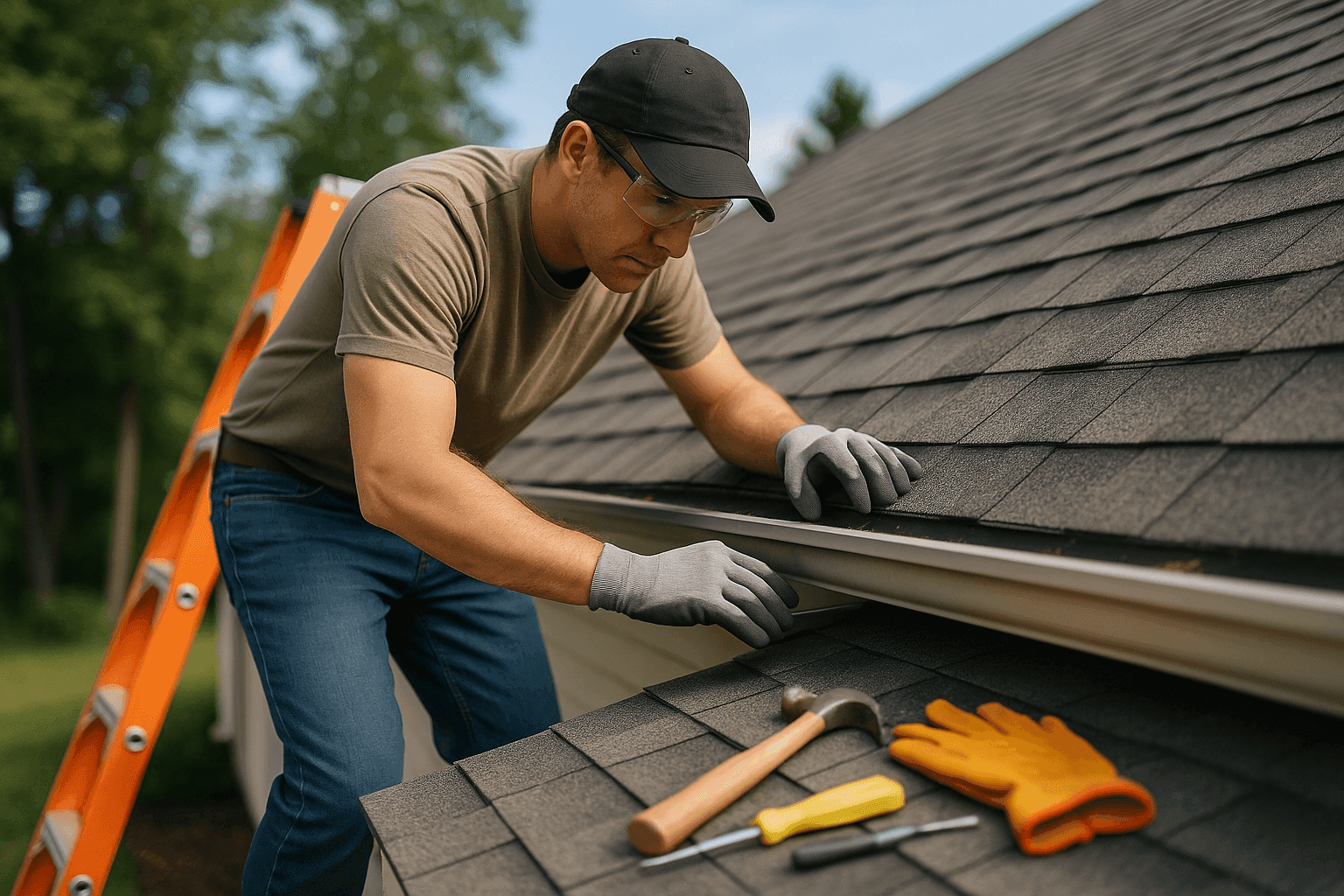 Homeowner performing roof maintenance inspection on shingled roof