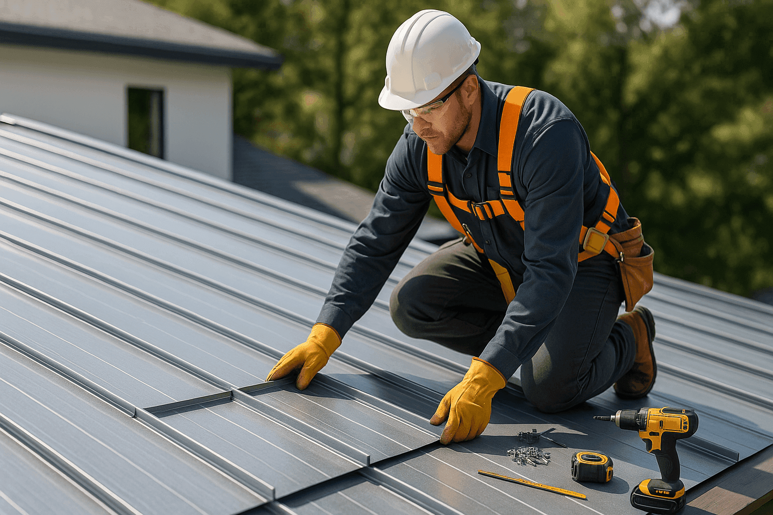 Technician installing standing seam metal roof panels