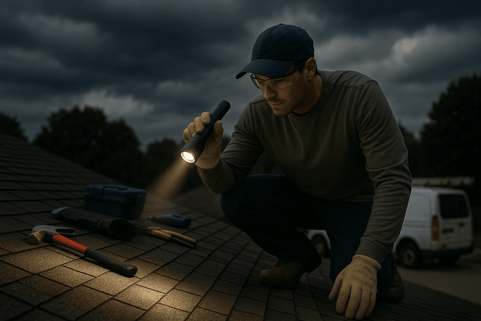 Homeowner inspecting roof before severe weather storm