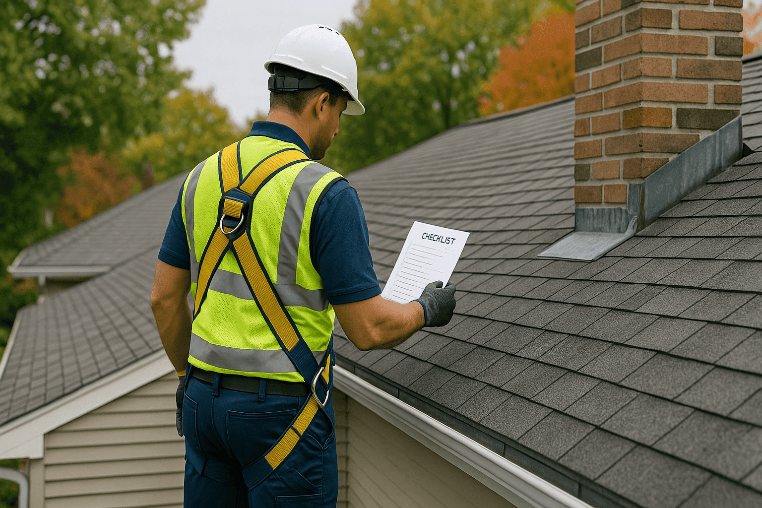 Technician checking residential roof with checklist in hand
