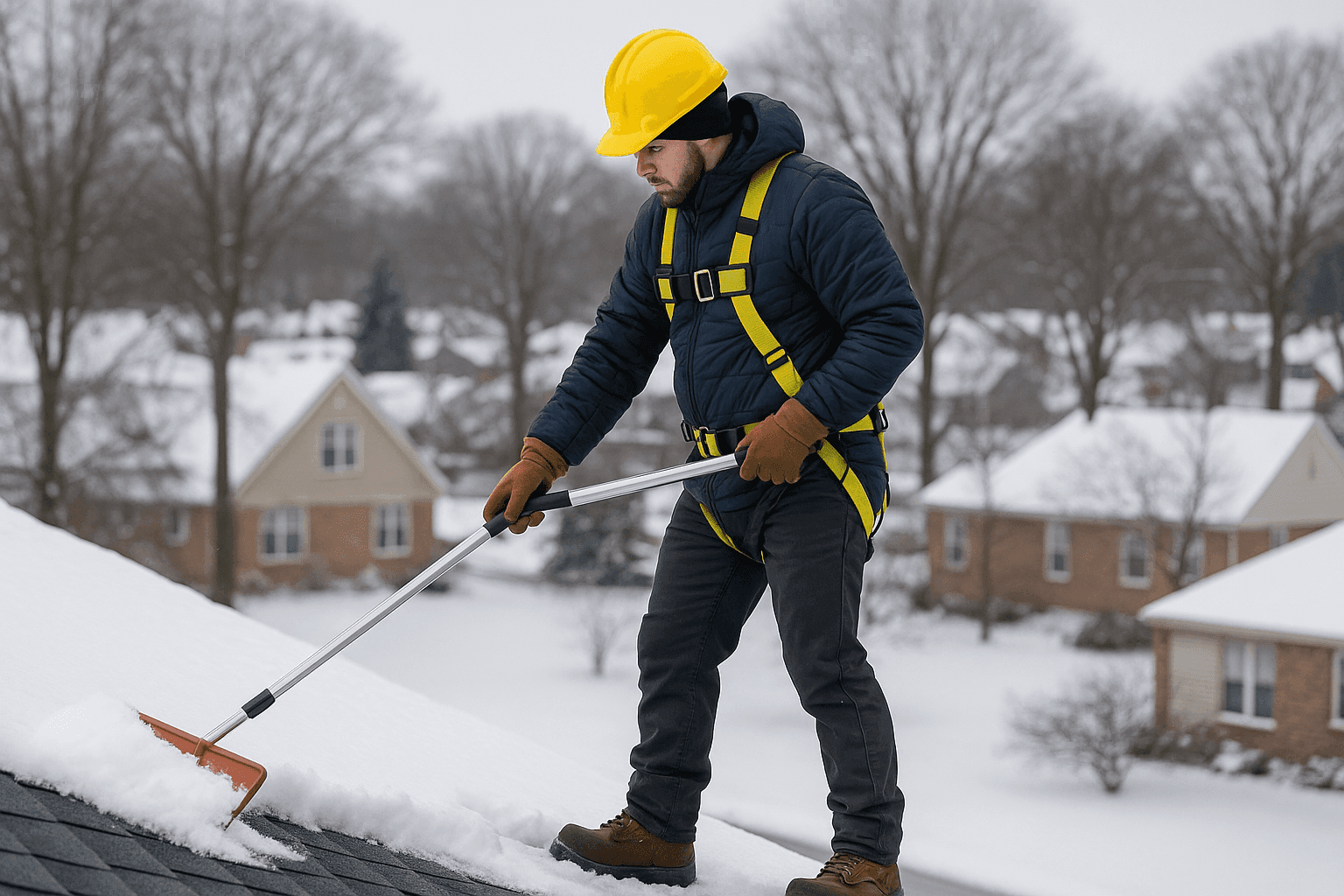 Technician removing snow from residential roof after winter storm