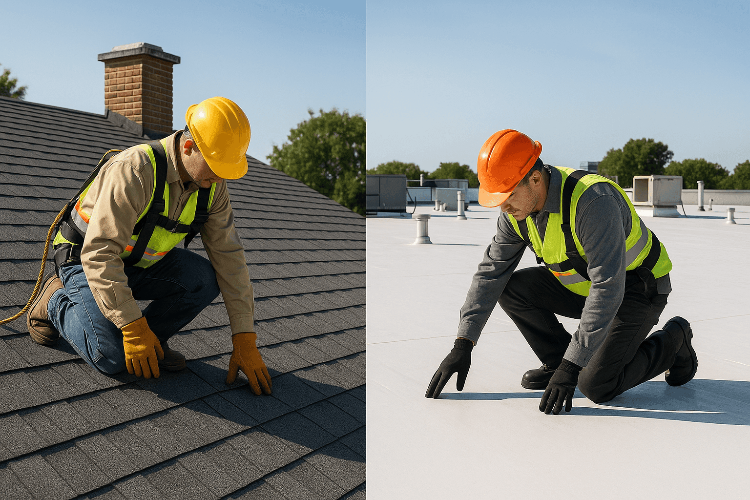 Side-by-side roofs: residential shingles and commercial flat membrane
