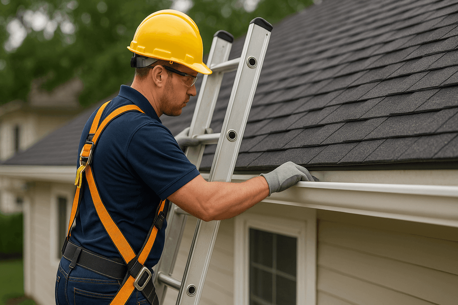 Technician inspecting residential roof and gutters for maintenance