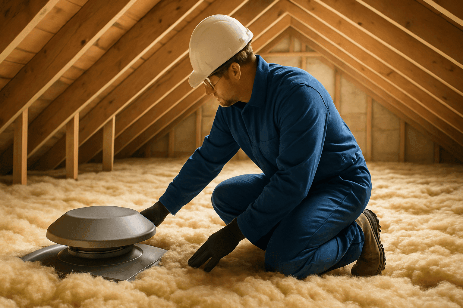 Technician inspecting attic insulation and roof vent