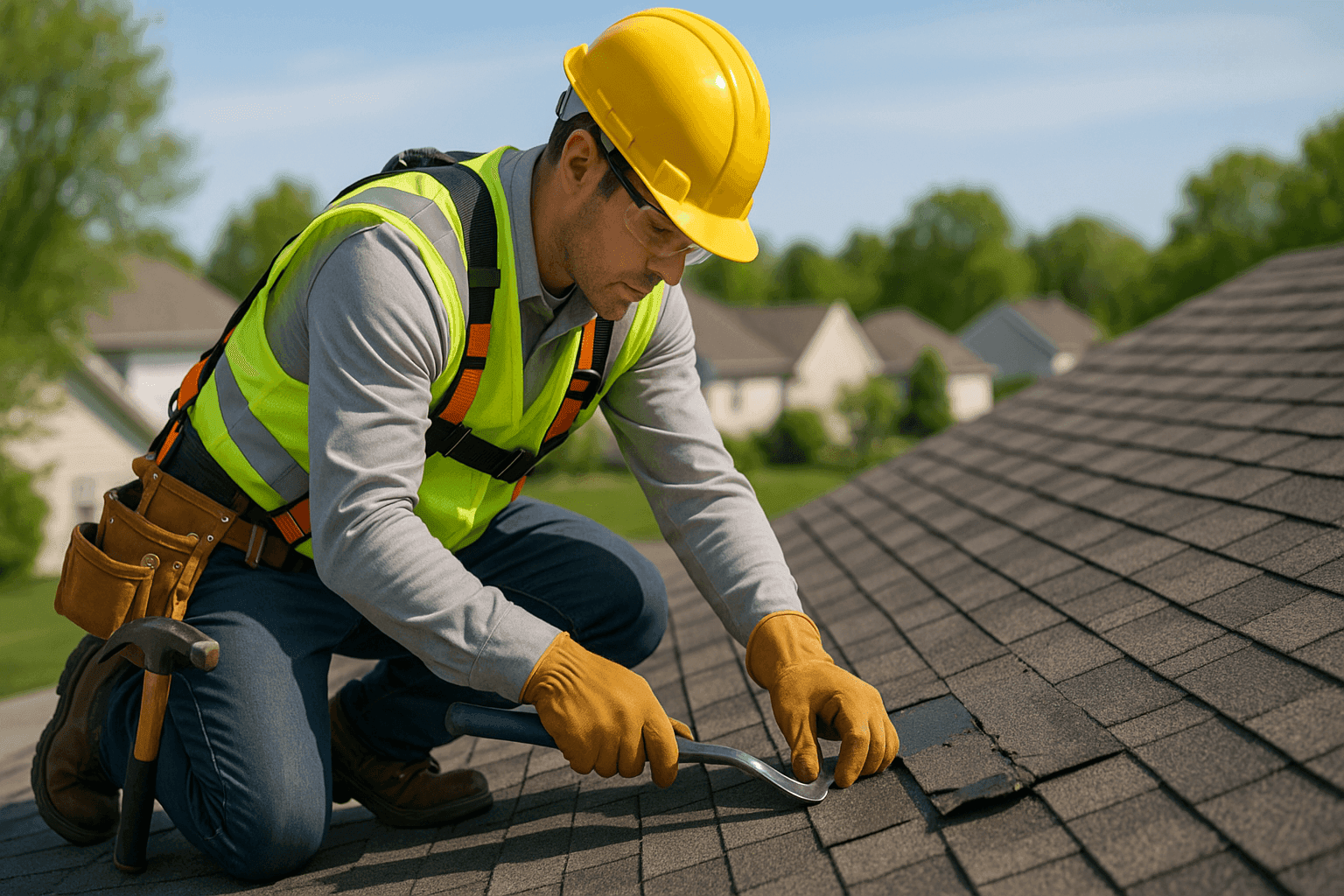 Technician replacing damaged shingles on roof