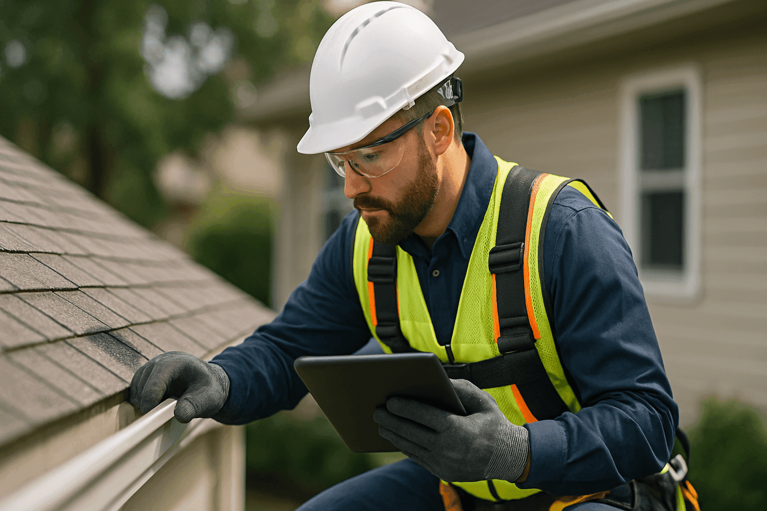 Roof inspector examining shingles and gutters with tablet